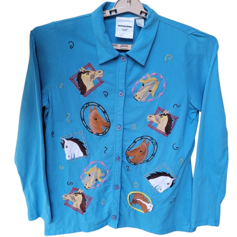 Michael Simon Horse Equestrian Button Down Embroidered Patch Top  Size L